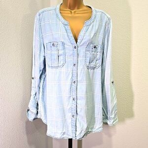 Intro Chambray Blue Plaid Shirt Womens PXL Western Cowgirl Peasant Rodeo Rural
